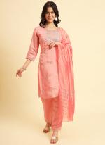 Silk Blend Peach Casual Wear Embroidery Work Readymade Kurti Set